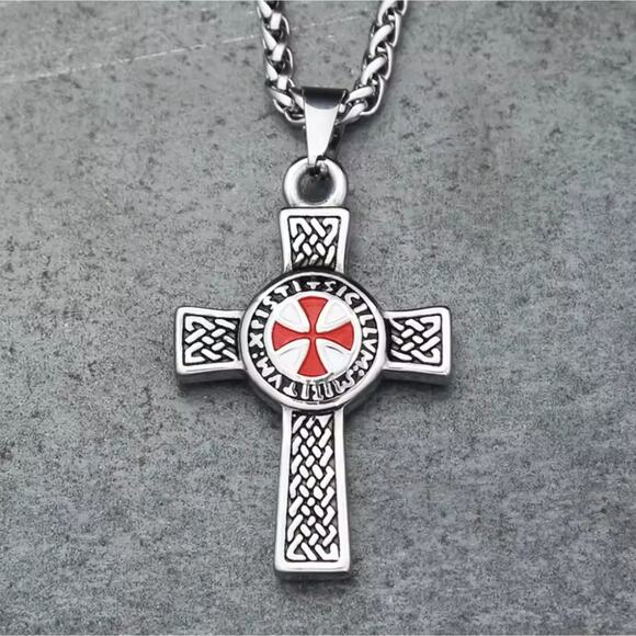 Silver Red Crusader Crusades Cross Necklace Men's Christmas Birthday Vtg Gift - Picture 5 of 6